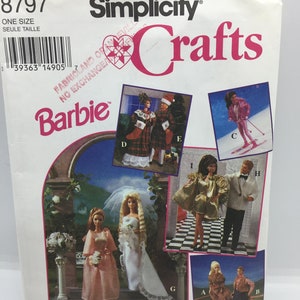 May include: Simplicity Crafts pattern 8797 for making Barbie doll clothes. The pattern includes instructions for making a wedding dress, a bridesmaid dress, a ski outfit, a formal gown, and a casual outfit. The pattern is for one size.