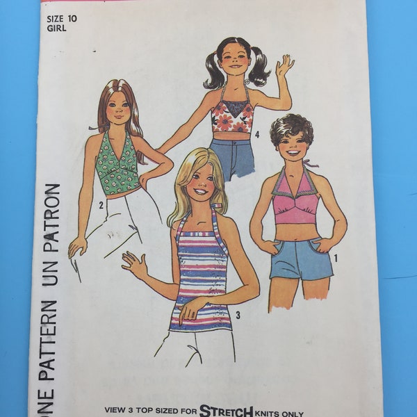 7510 Vintage 1976 Simplicity Sewing Pattern Girls Halter Tops Sizes 10 Uncut with Instructions