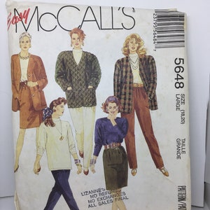 May include: A sewing pattern for a women's jacket, sweater, and blouse. The pattern is from McCall's and is size 18-20, taille grande. The pattern includes instructions for making a quilted jacket, a sweater with a turtleneck, and a blouse with a long sleeve.