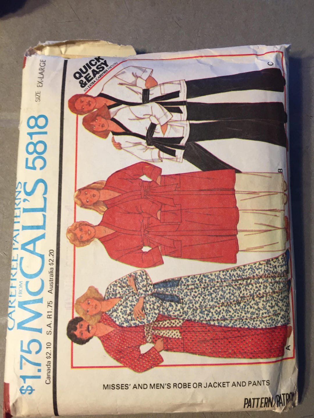 5818 Vintage 1977 Mccalls Quick & Easy Sewing Pattern Misses and Mens ...