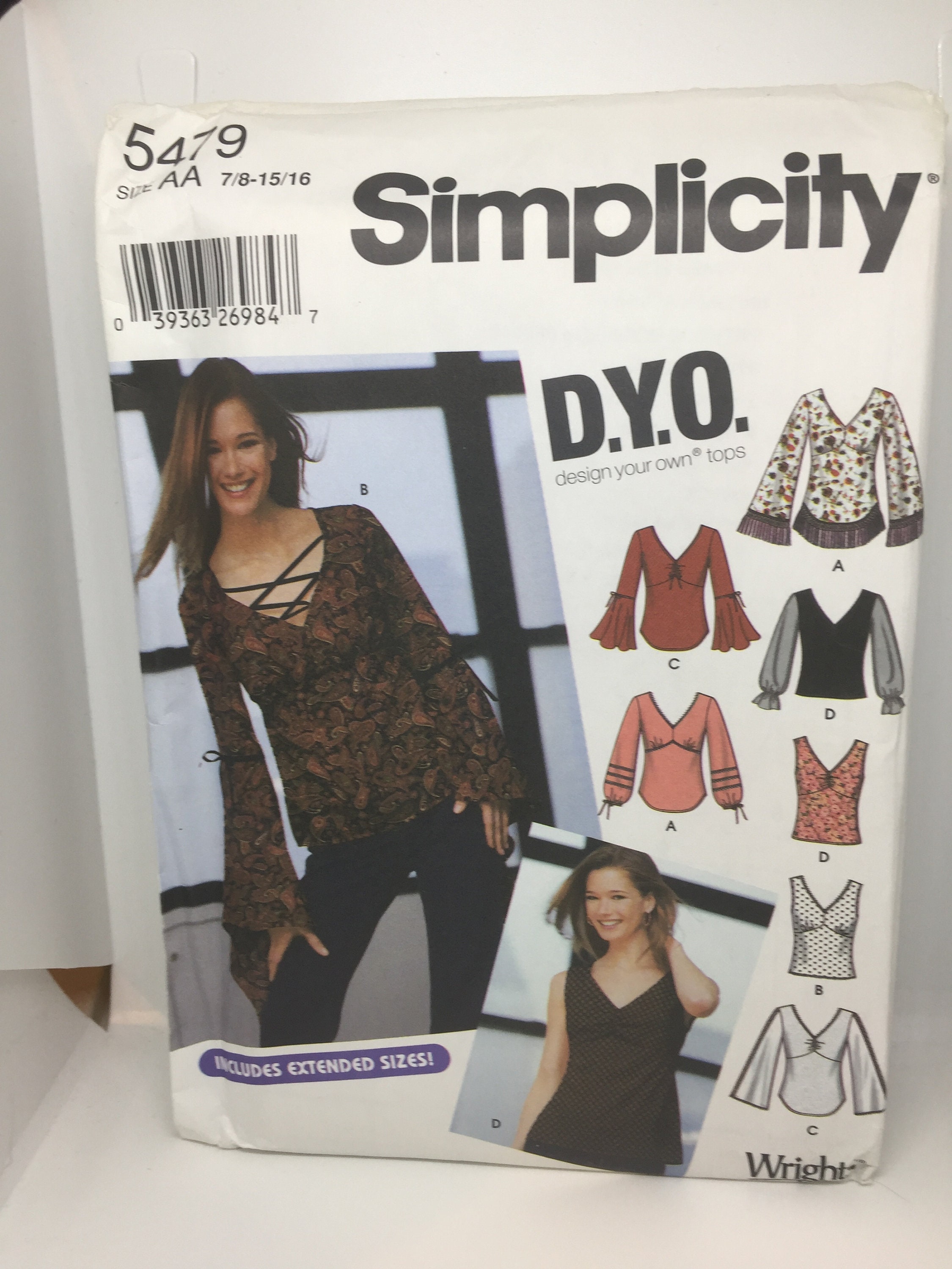 5479 Simplicity 2003 D.Y.O. Sewing Pattern Juniors Top in 2 Lengths with Bodice and Sleeve Variations (sizes below)  Uncut with Instructions