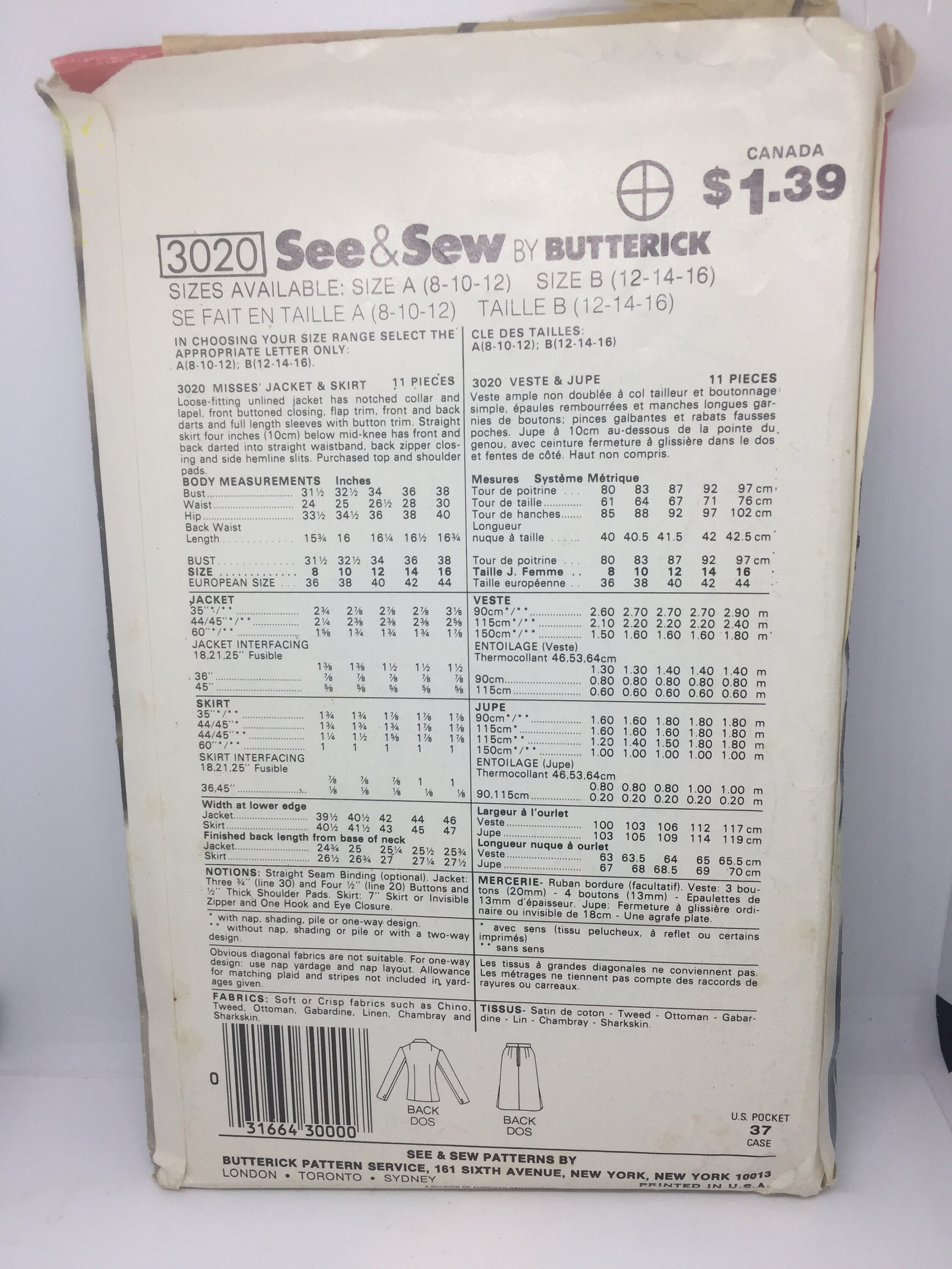3020 Butterick See & Sew Vintage Sewing Pattern Misses Jacket - Etsy