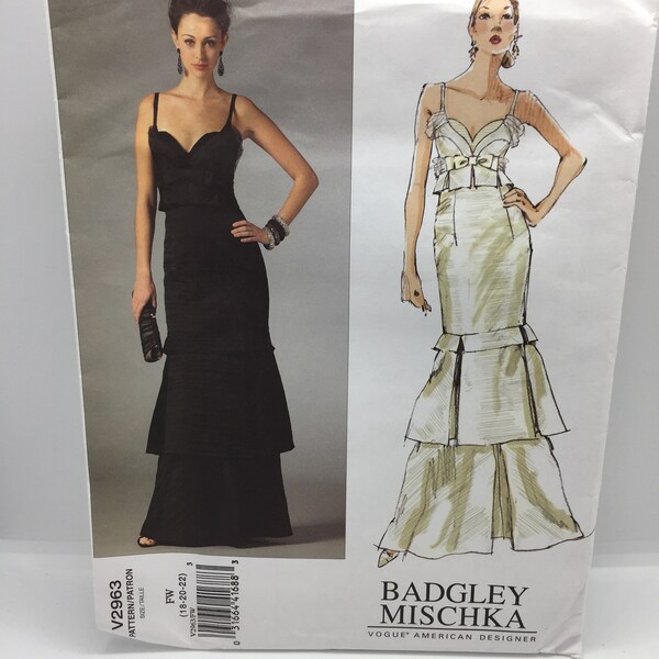 V2963 Vogue 2007 Vogue American Designer Badgley Mischka Sewing Pattern  Misses Dress  Size 18-20-22  Uncut with Instructions