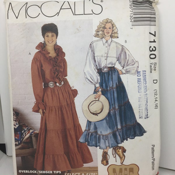 7130 McCalls Vintage 1994 McC Old West Brand Sewing Pattern Misses Tops and Pull-On Skirts Sz 12-14-16  Uncut with Instructions