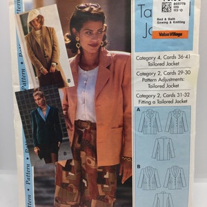 May include: A sewing pattern for a tailored jacket with different variations. The pattern includes instructions for fitting a tailored jacket. The pattern is for sizes 36-41 and is priced at £0.99.