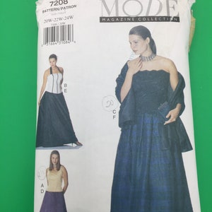 May include: A sewing pattern for a long, formal dress with a strapless bodice and a flowing skirt. The pattern is from Vogue Patterns and is for sizes 20W-22W-24W. The pattern number is 7208.