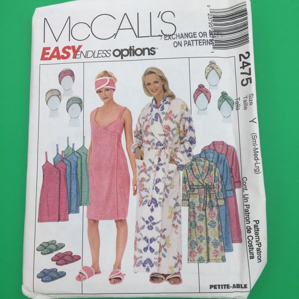 2475 Vintage 1999 McCalls Easy Endless Options Sewing Pattern Miss Robe,Spa Wrap,Headband,Headwrap & Slippers S-M-L Uncut with Instructions