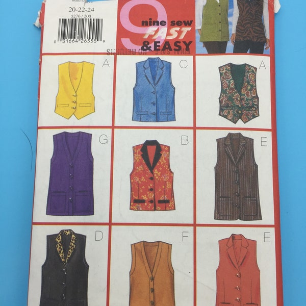 5276 Vintage 1997 Butterick 9 Sew Fast & Easy Sewing Pattern  Misses/Misses Petite Vest  Sizes 20-22-24  Cut with Instructions