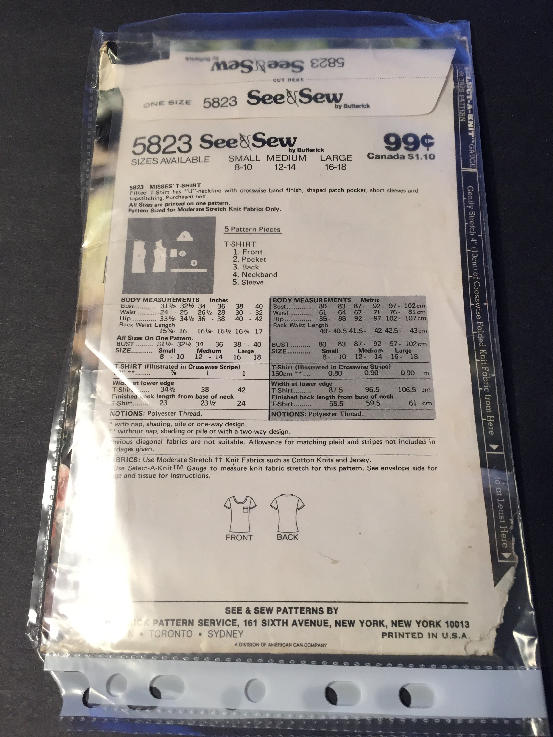5823 Vintage See & Sew Sewing Pattern Misses T-shirt One