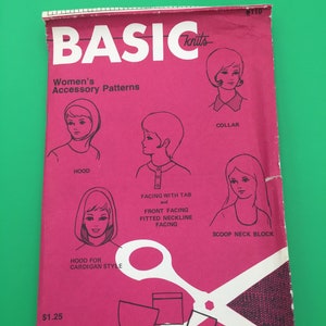 May include: A pink sewing pattern booklet with illustrations of different clothing accessories, including a hood, collar, scoop neck block, and pockets. The booklet is titled "Basic Knits Women's Accessory Patterns" and includes the number "#110".
