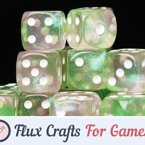 6pcs 16mm D6 RPG Dice Set - Glitter in Green & Pink Acrylic| Galaxy, Sparkly, Role Playing, Boardgames, Pip, Six Sided, Square Flux Crafts