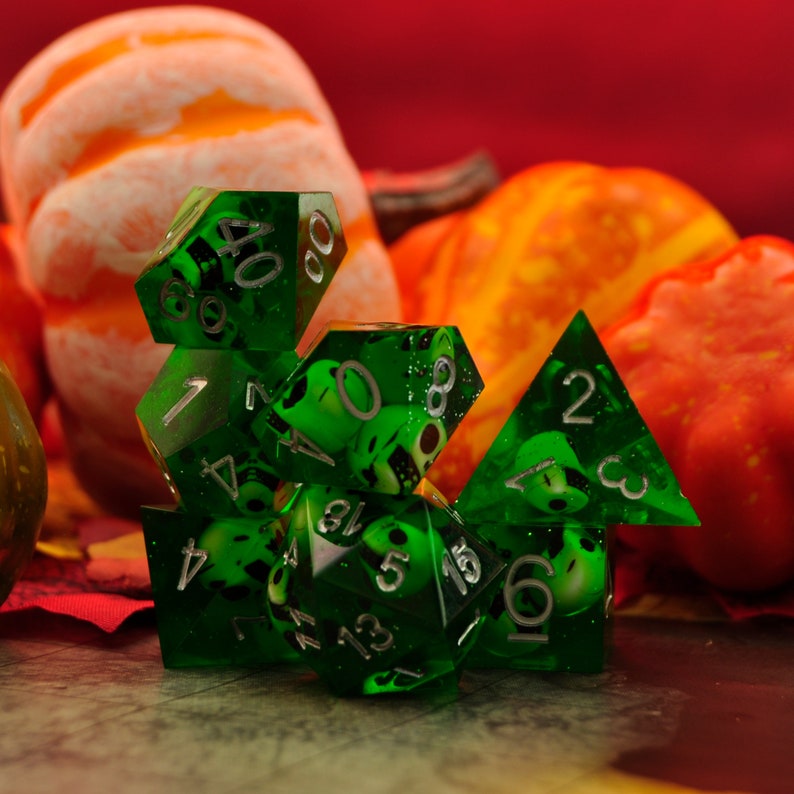 7pcs RPG Dice Set Skulls in Green Sharp Resin Gelatinous Cube, Halloween, D20 D10 D00 D8 D6 D4, DND, Dungeons and Dragons, Flux Crafts image 3