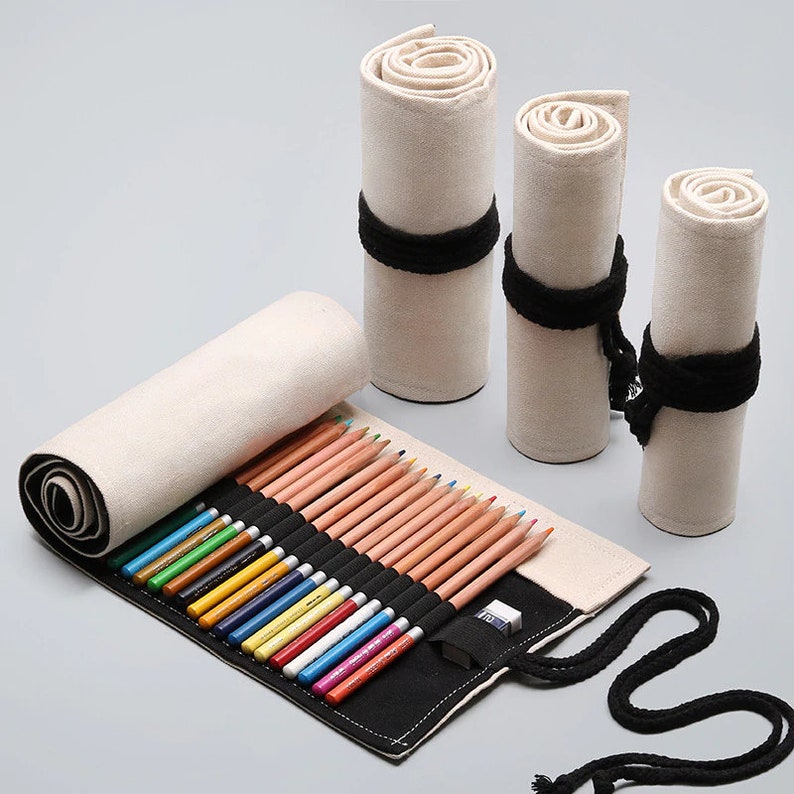 12/24/36/48/72 Holes Roll Canvas Pencil Case Wrap Natural Black Rope Roll up Case, Pen Pouch, Brush Holder, Artist Gifts, Flux Crafts image 8