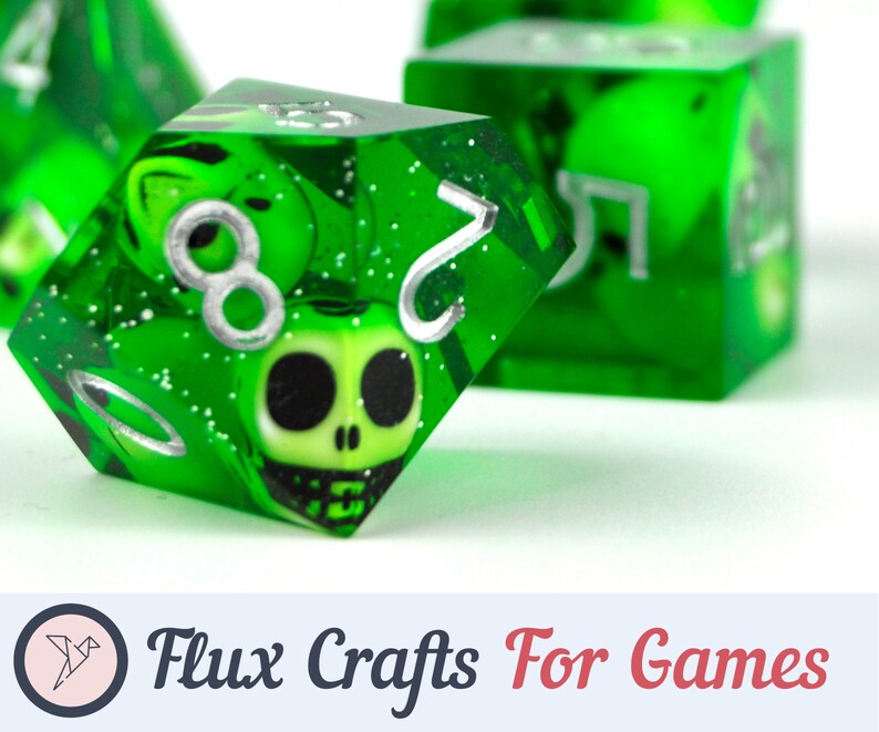 7pcs RPG Dice Set Skulls in Green Sharp Resin Gelatinous Cube, Halloween, D20 D10 D00 D8 D6 D4, DND, Dungeons and Dragons, Flux Crafts image 1