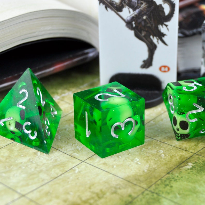 7pcs RPG Dice Set Skulls in Green Sharp Resin Gelatinous Cube, Halloween, D20 D10 D00 D8 D6 D4, DND, Dungeons and Dragons, Flux Crafts image 4