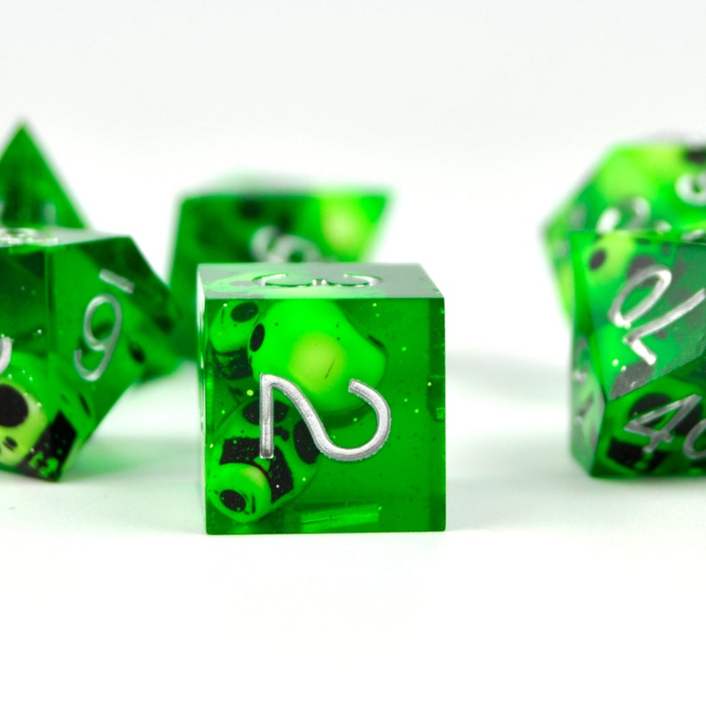 7pcs RPG Dice Set Skulls in Green Sharp Resin Gelatinous Cube, Halloween, D20 D10 D00 D8 D6 D4, DND, Dungeons and Dragons, Flux Crafts image 6