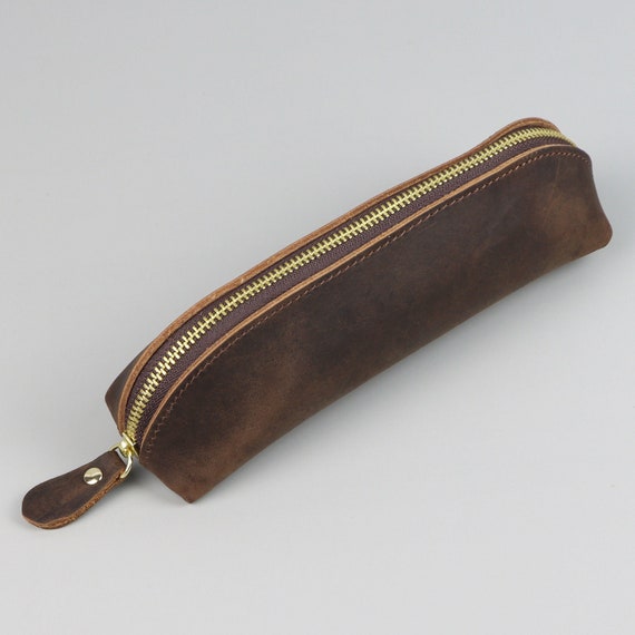 Handmade Cowhide Leather Pen Pouch Roll-up Pencil Case Bag Stationery  Storage