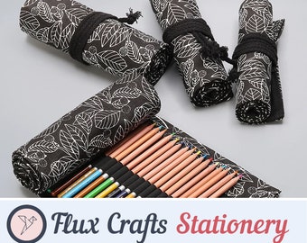 12/24/36/48/72 Holes Roll Canvas Pencil Case Wrap - Black Leaves| Roll up Case, Pen Pouch, Pen Wrap, Brush Holder, Artist Gifts, Flux Crafts