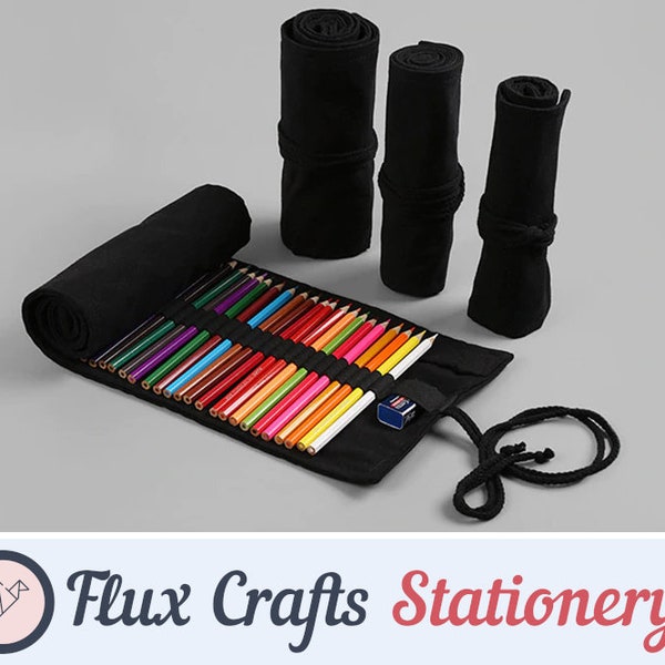 12/24/36/48/72 Holes Roll Canvas Pencil Case Wrap - Plain Black| Roll up Case, Pen Pouch, Pen Wrap, Brush Holder, Artist Gifts, Flux Crafts