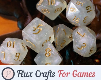 7pcs RPG Full Dice Set - Glitter in White Acrylic with Gold Font| Galaxy, Role Playing Games, D20, for DND, Dungeons and Dragons Flux Crafts