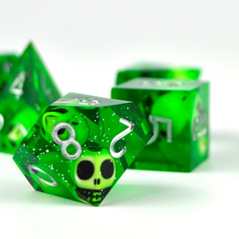 7pcs RPG Dice Set Skulls in Green Sharp Resin Gelatinous Cube, Halloween, D20 D10 D00 D8 D6 D4, DND, Dungeons and Dragons, Flux Crafts image 7