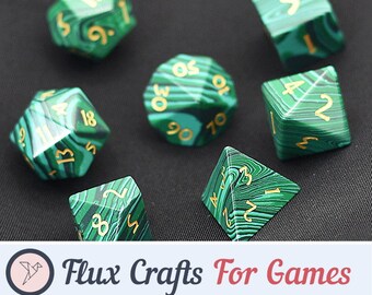 7pcs RPG Dice Set - Malachite Gemstone| Semi-Precious, Green, Tabletop Roleplaying Games, D20 D10, DND, Dungeons and Dragons, Flux Crafts