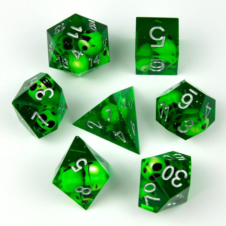 7pcs RPG Dice Set Skulls in Green Sharp Resin Gelatinous Cube, Halloween, D20 D10 D00 D8 D6 D4, DND, Dungeons and Dragons, Flux Crafts image 9