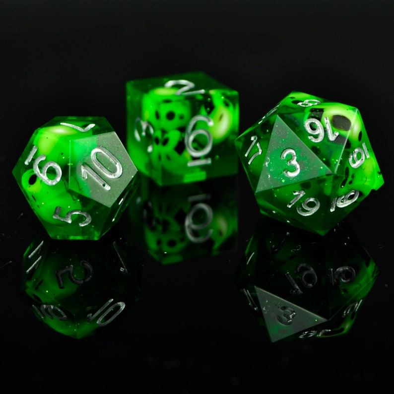 7pcs RPG Dice Set Skulls in Green Sharp Resin Gelatinous Cube, Halloween, D20 D10 D00 D8 D6 D4, DND, Dungeons and Dragons, Flux Crafts image 2