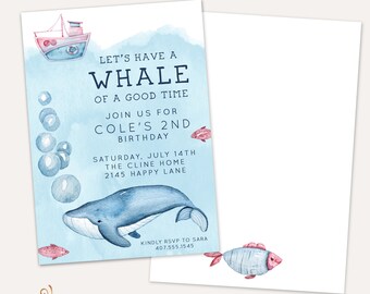 Whale Invitation, Whale Invite, Whale Birthday, Whale Birthday Party, Nautical Invitation, Nautical Birthday, Nautical Birthday Invitation