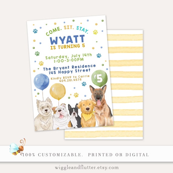 Come Sit Stay, Come Sit Stay Invitation, Birthday, Boy Birthday Invitation, 5th Birthday, 5th Birthday Boy, Dog Invitation, Puppy Invitation Il_570xn