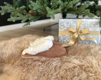 May include: A pair of brown suede slippers with white faux fur lining. The slippers are sitting on a fluffy, light brown rug.