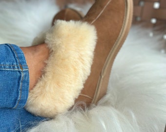 Sheepskin slippers wool slippers fur slippers leather slippers warm moccasins, winter boots for women, house slippers Christmas X-mas