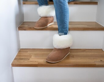 Pantoufles en peau de mouton, pantoufles en peau d'agneau, pantoufles en fourrure, pantoufles en cuir, mocassins chauds, pour femmes, bottes d'hiver, pantoufles maison, Gif de Noël
