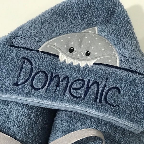 Personalized Embroidered Hooded Shark Bath Towel | Custom gift for baby, toddlers, girls, kids | Monogram name towel | Custom Pool Towel