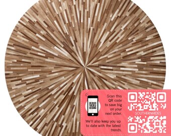 May include: A round, brown and white cowhide rug with a radial pattern. The rug has a distressed look and is made of natural leather. A QR code is in the lower right corner of the image with the text "Scan this QR code to save big on your next order. We'll also keep you up to date with the latest trends. SOUTHERNHIDES"