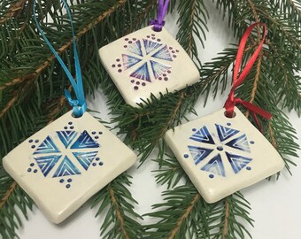 Handmade Ceramic Snowflake Tile Ornament