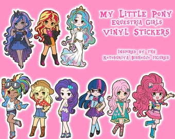 May include: A set of 8 vinyl stickers featuring the My Little Pony Equestria Girls characters. The stickers are inspired by the Kotobukiya Bishoujo figures. The characters include Twilight Sparkle, Pinkie Pie, Rainbow Dash, Fluttershy, Rarity, Applejack, Sunset Shimmer, and  Starlight Glimmer.