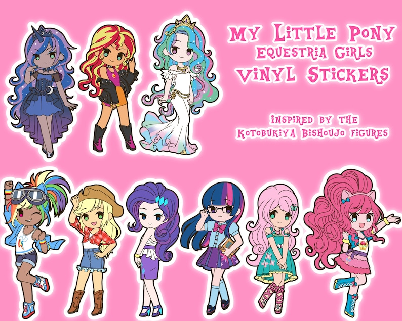 May include: A set of 8 vinyl stickers featuring the My Little Pony Equestria Girls characters. The stickers are inspired by the Kotobukiya Bishoujo figures. The characters include Twilight Sparkle, Pinkie Pie, Rainbow Dash, Fluttershy, Rarity, Applejack, Sunset Shimmer, and  Starlight Glimmer.
