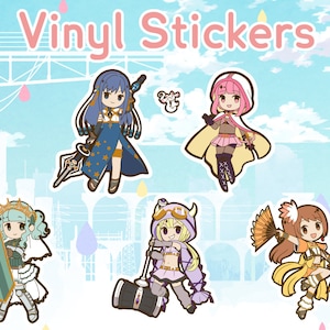 May include: Set of five vinyl stickers featuring anime-style characters. The characters are a blue-haired girl with a sword, a pink-haired girl with a staff, a green-haired girl with a shield, a yellow-haired girl with a hammer, and a brown-haired girl with fans.