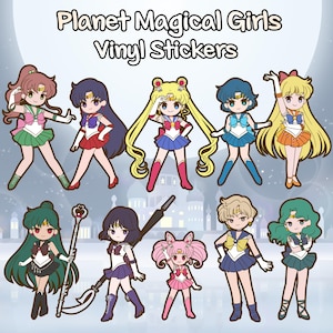 May include: A selection of vinyl stickers depicting anime-style magical girls. Each sticker presents a different character in a vibrant outfit, with the text "Planet Magical Girls Vinyl Stickers" displayed at the top.