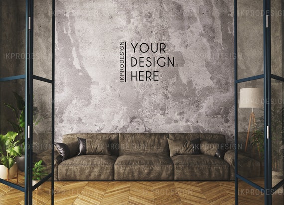 Download Gray Sofa Loft Livingroom Mockup Loft Living Room Wall Etsy