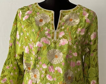 Embroidered Silk Tunic Green with Multicolor Embroidery Mother’s Day gift Mother’s Day present Mother’s Day