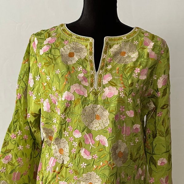 Embroidered Silk Tunic Green with Multicolor Embroidery Mother’s Day gift Mother’s Day present Mother’s Day