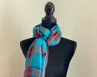 Plaid Wool Blend Shawl: Blue & Red Stripe Scarf