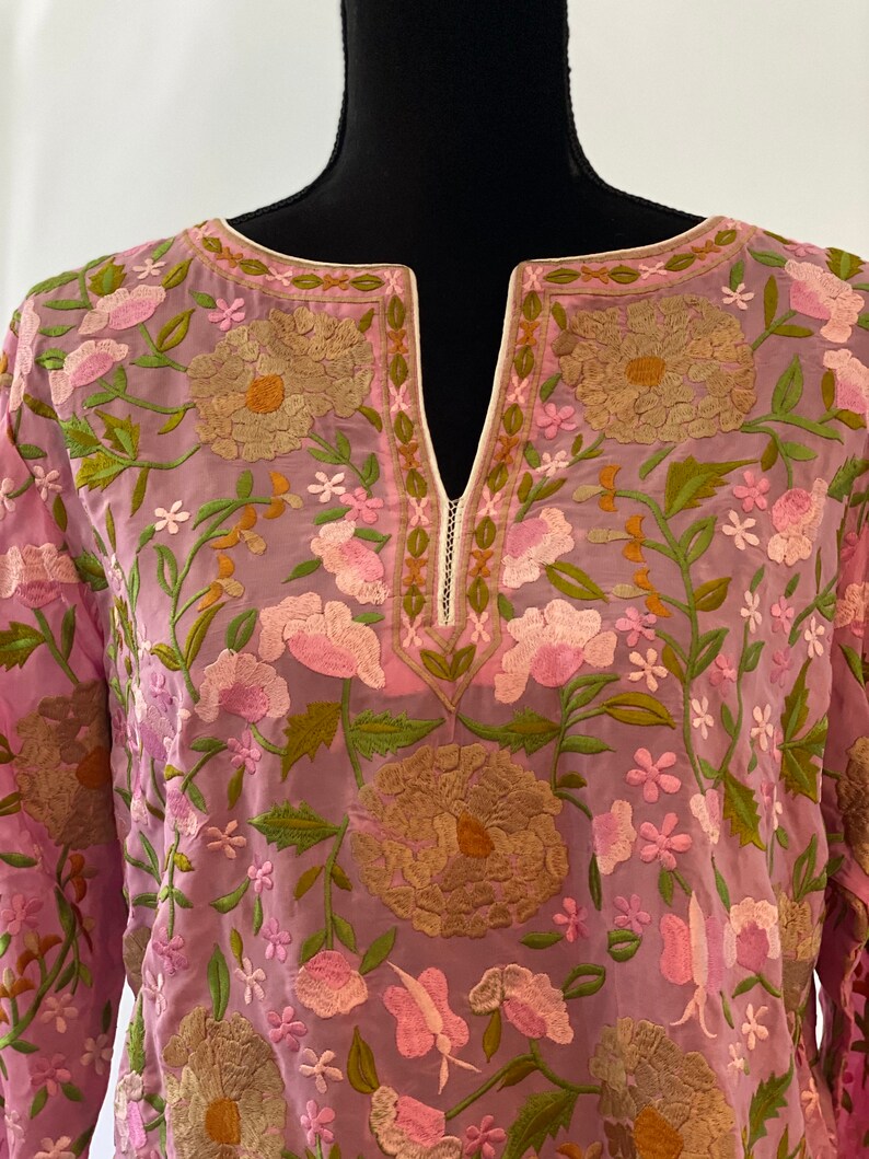 Embroidered Silk Tunic: Pink Floral Embroidery, Vintage Craft