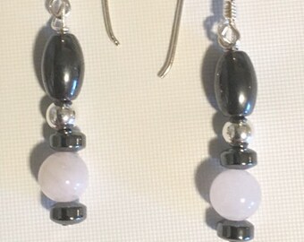 Rose quartz earrings, Hematite Earrings with Rose Quartz Beads, Hematite earrings with Sterling Silver Ear Wires