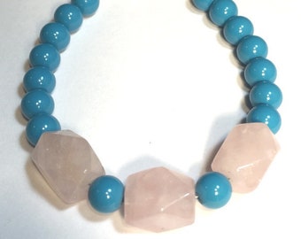 Turquoise Glass Beads Bracelet with Rose Quartz on Sale