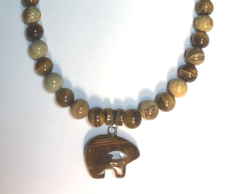 Tiger Eye Bear Necklace Bear Necklace for Men Picture Jasper with Tiger Eye Bead Necklace Handcrafted Bear Necklace Gift for Men image 1