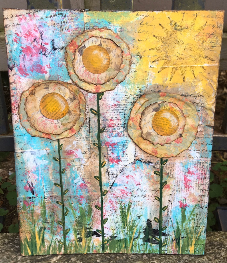 Flowers Collage and Paint Mixed Media Canvas Board
