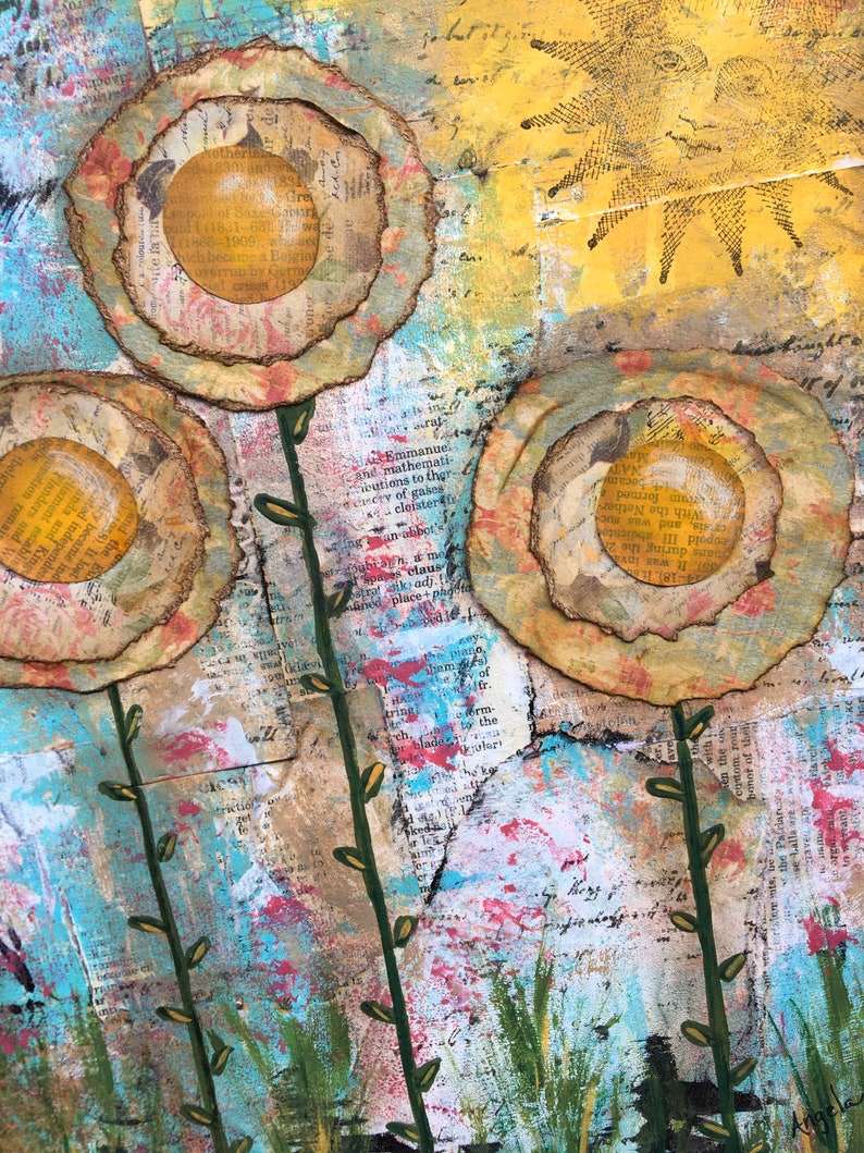 Flowers Collage and Paint Mixed Media Canvas Board